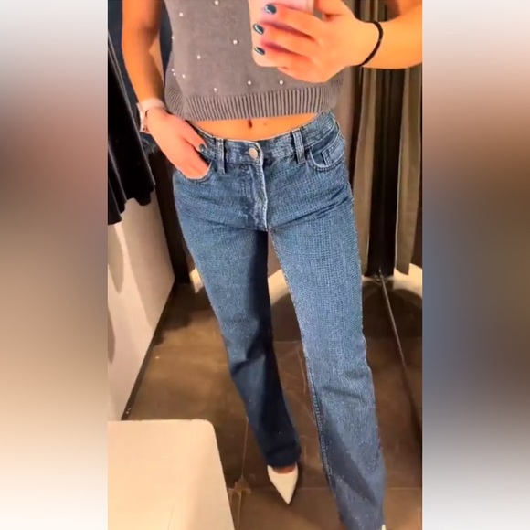 Zara ZW Collection Bootcut High Waist Rhinestone Sparkly Jeans Blue 2449/252 NWT - Picture 2 of 11